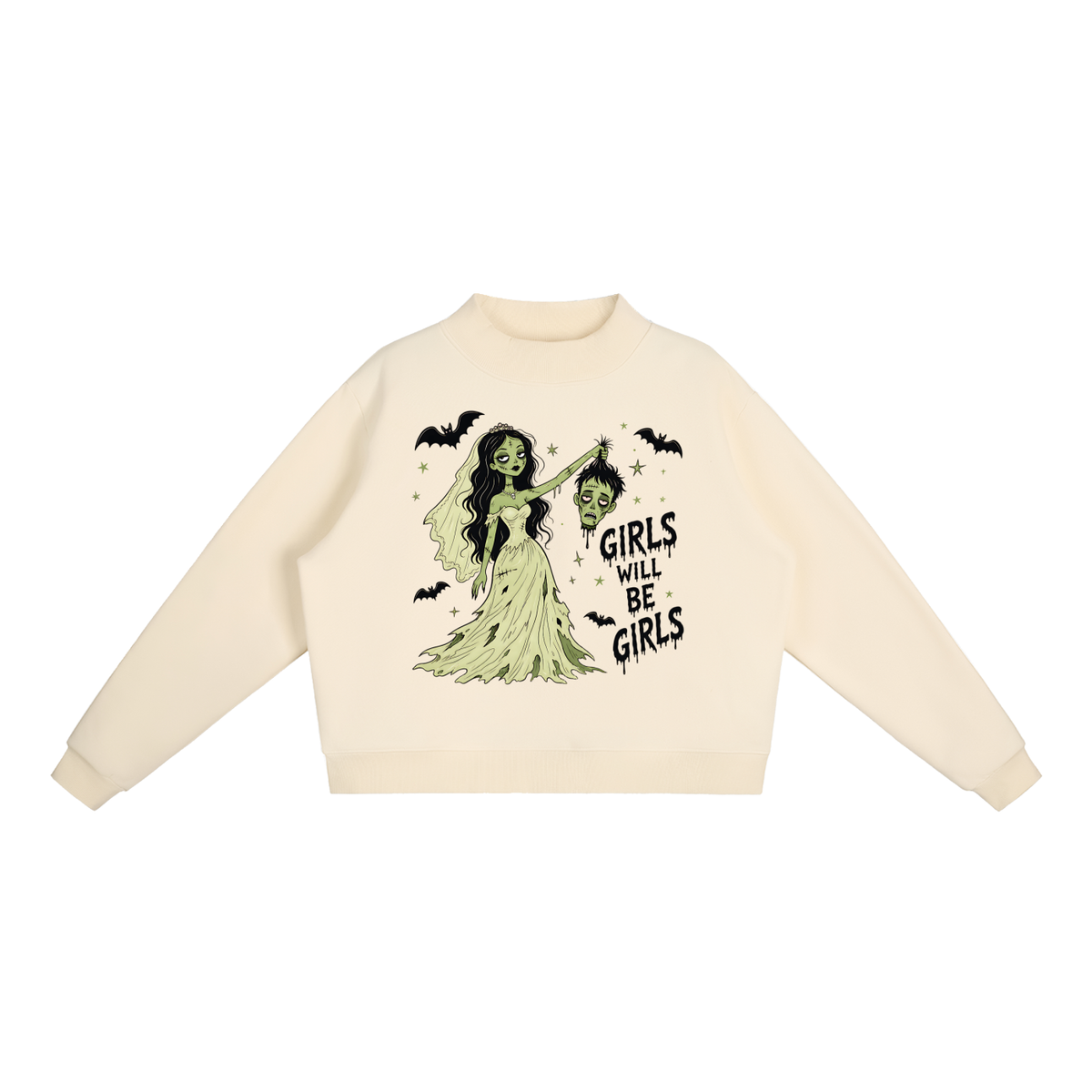 Girls Will Be Girls — Halloween Zombie Bride Graphic Mock Neck Sweatshirt - Spinsterly Co