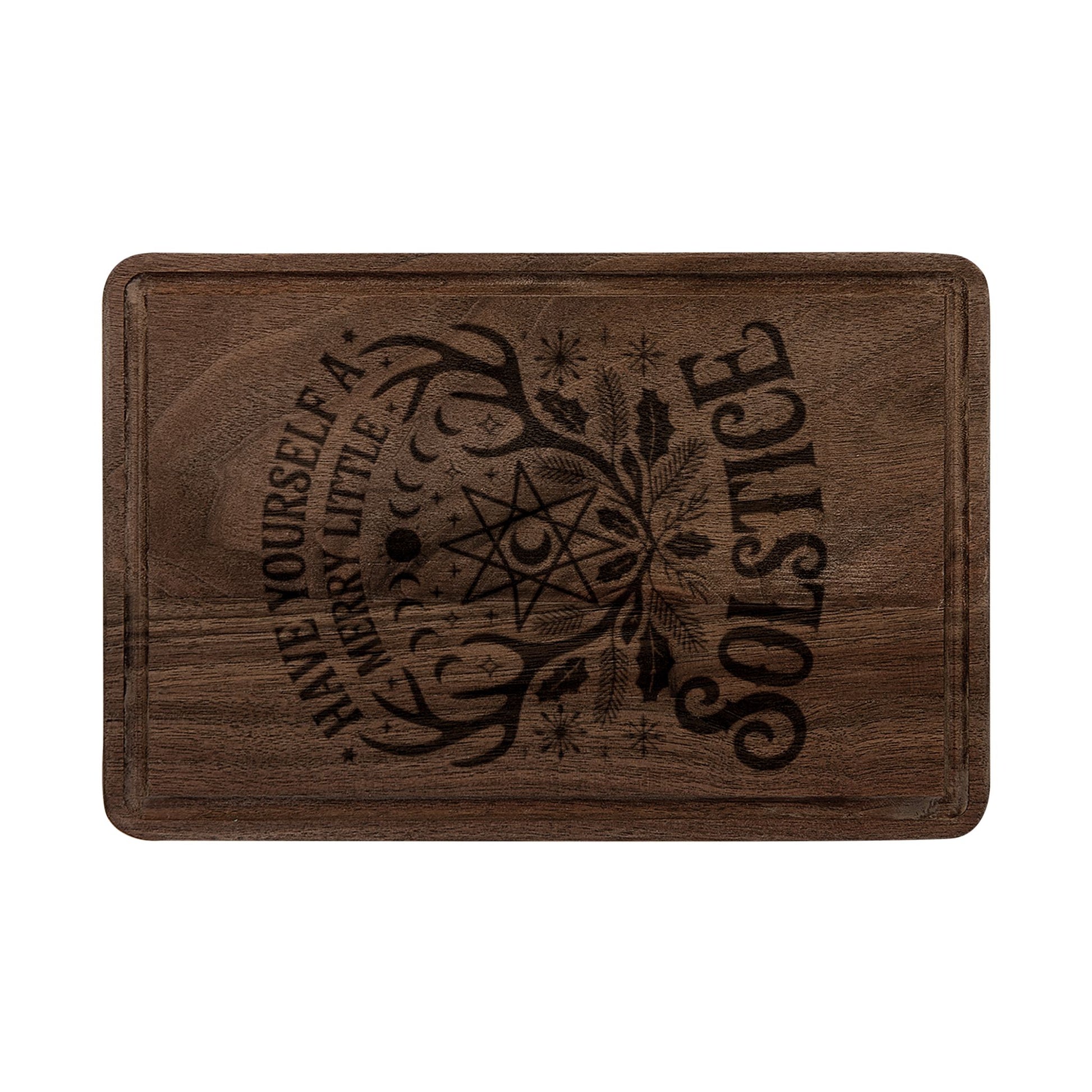 Solstice Mandala Engraved Wooden Cutting Board Spinsterly Co walnut kitchen prep board with drip ring