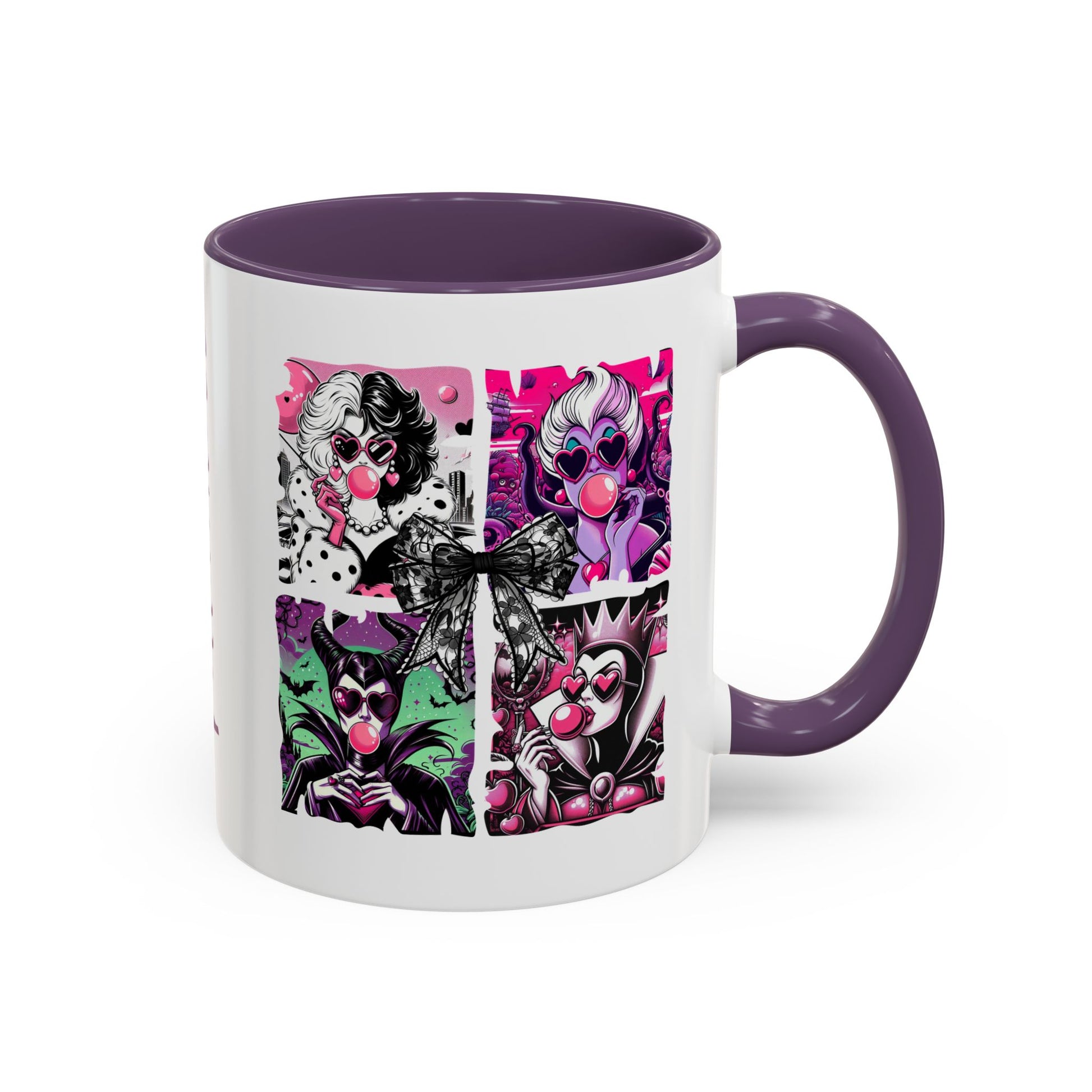 Villainess Comic Portrait Panel Accent Coffee Mug by Spinsterly Co in Purple ceramic with full wrap panels