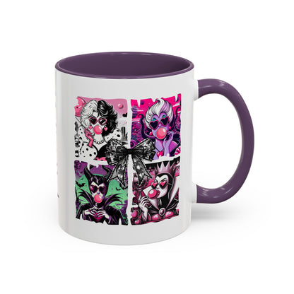 Villainess Comic Portrait Panel Accent Coffee Mug by Spinsterly Co in Purple ceramic with full wrap panels