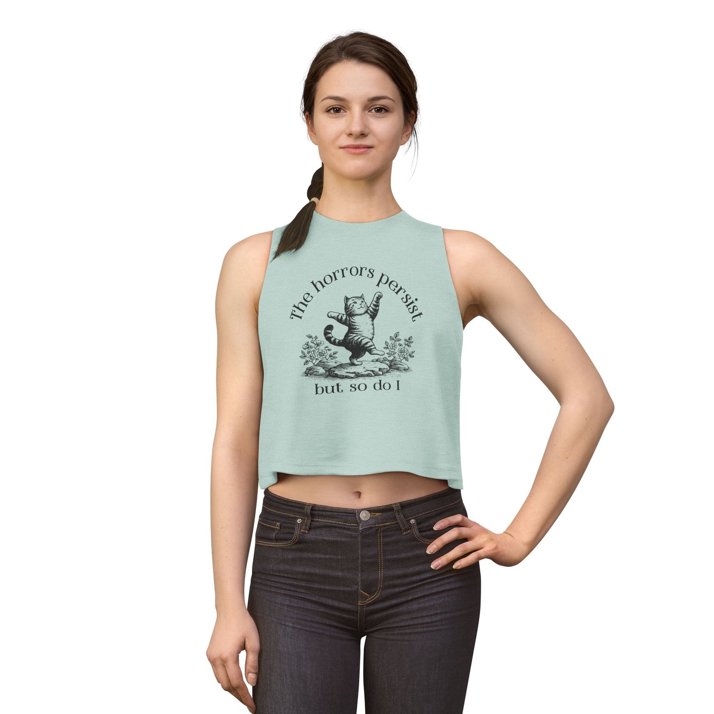 The Horrors Persist But So Do I Crop Top Spinsterly Co women's cropped tank in Heather Deep Teal with dancing cat graphic