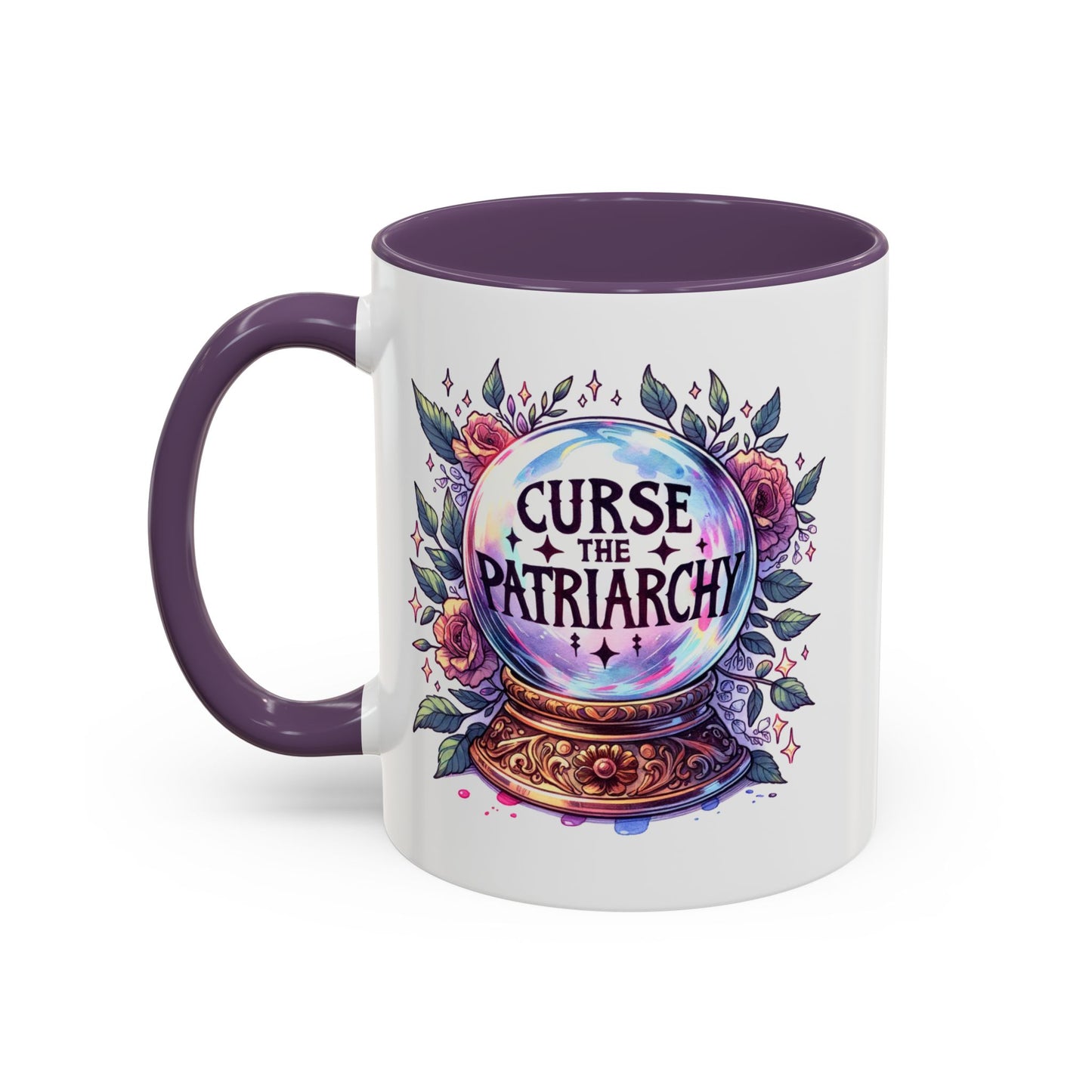 Curse the Patriarchy Floral Crystal Ball Accent Coffee Mug Spinsterly Co purple with watercolor crystal ball stand
