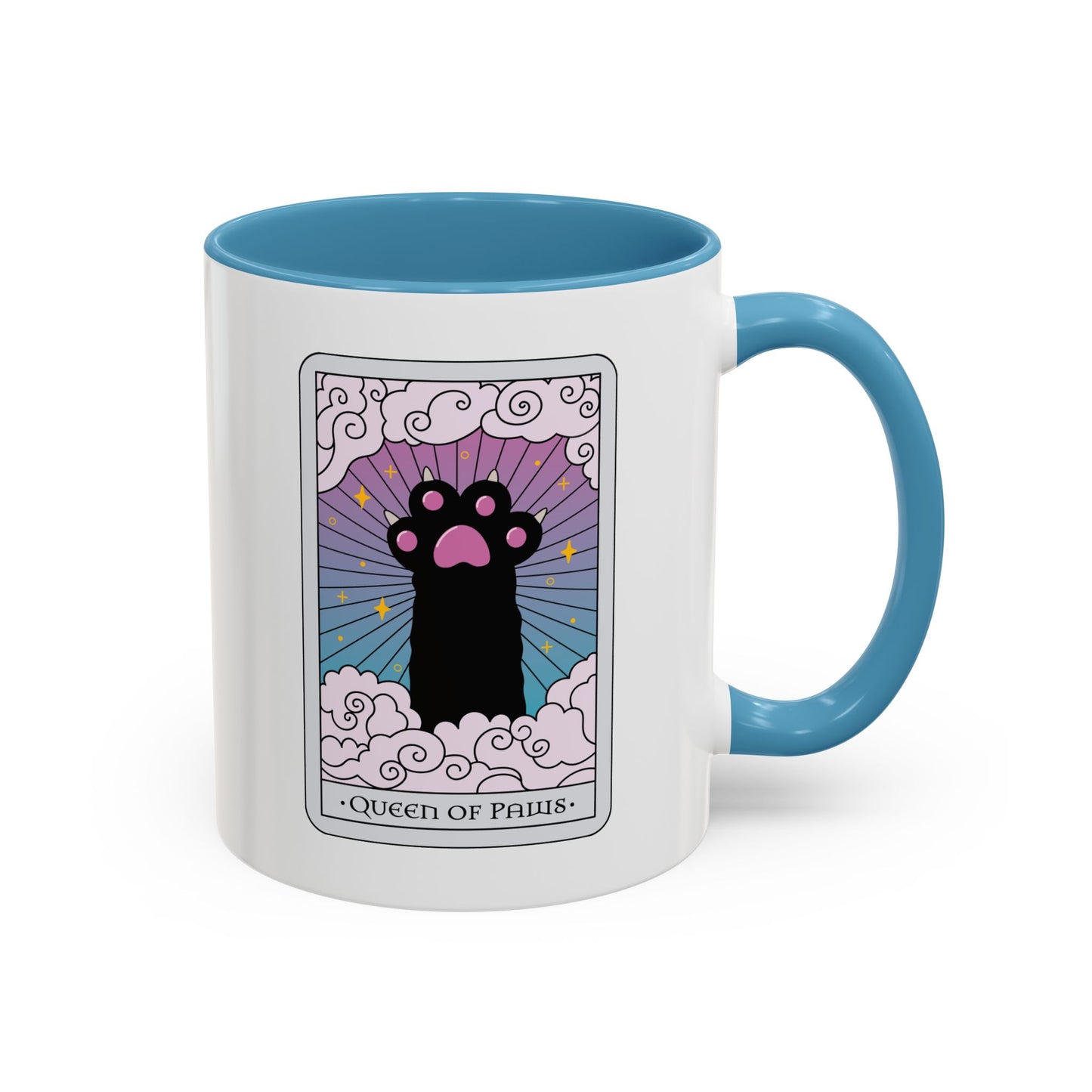 Queen of Paws Accent Coffee Mug by Spinsterly Co with light blue interior and glossy ceramic tarot cat design
