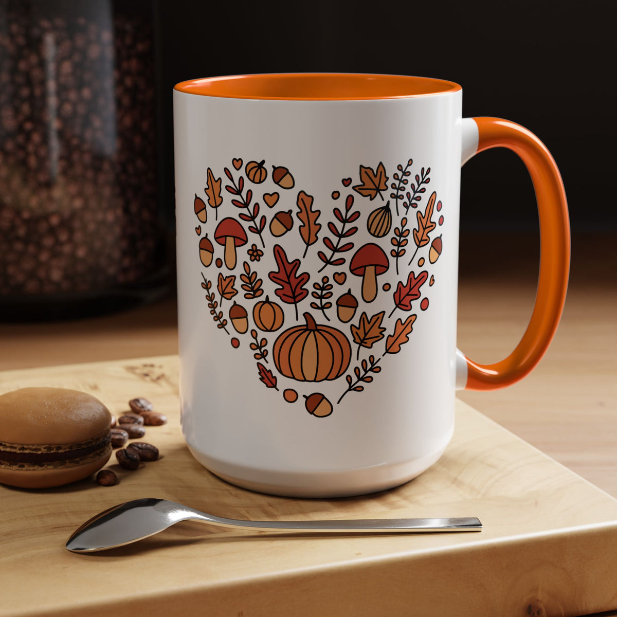 Fall Coffee Mug – Pumpkin & Mushroom Heart, Orange Accent