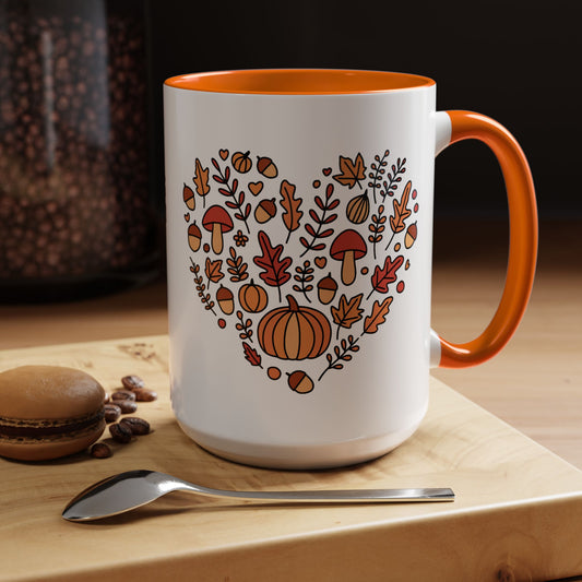 Fall Coffee Mug – Pumpkin & Mushroom Heart, Orange Accent