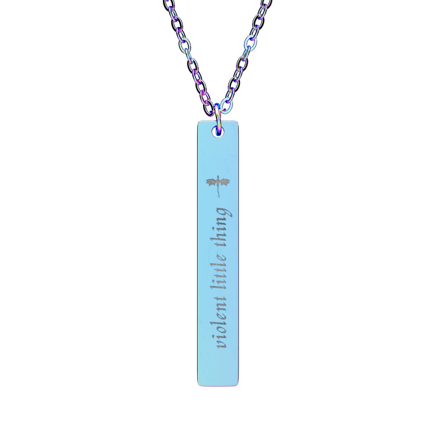 Violent Little Thing Dragon Engraved Vertical Bar Necklace by Spinsterly Co in Rainbow PVD, dragon silhouette