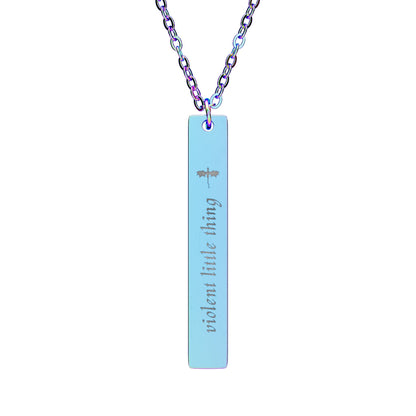 Violent Little Thing Dragon Engraved Vertical Bar Necklace by Spinsterly Co in Rainbow PVD, dragon silhouette