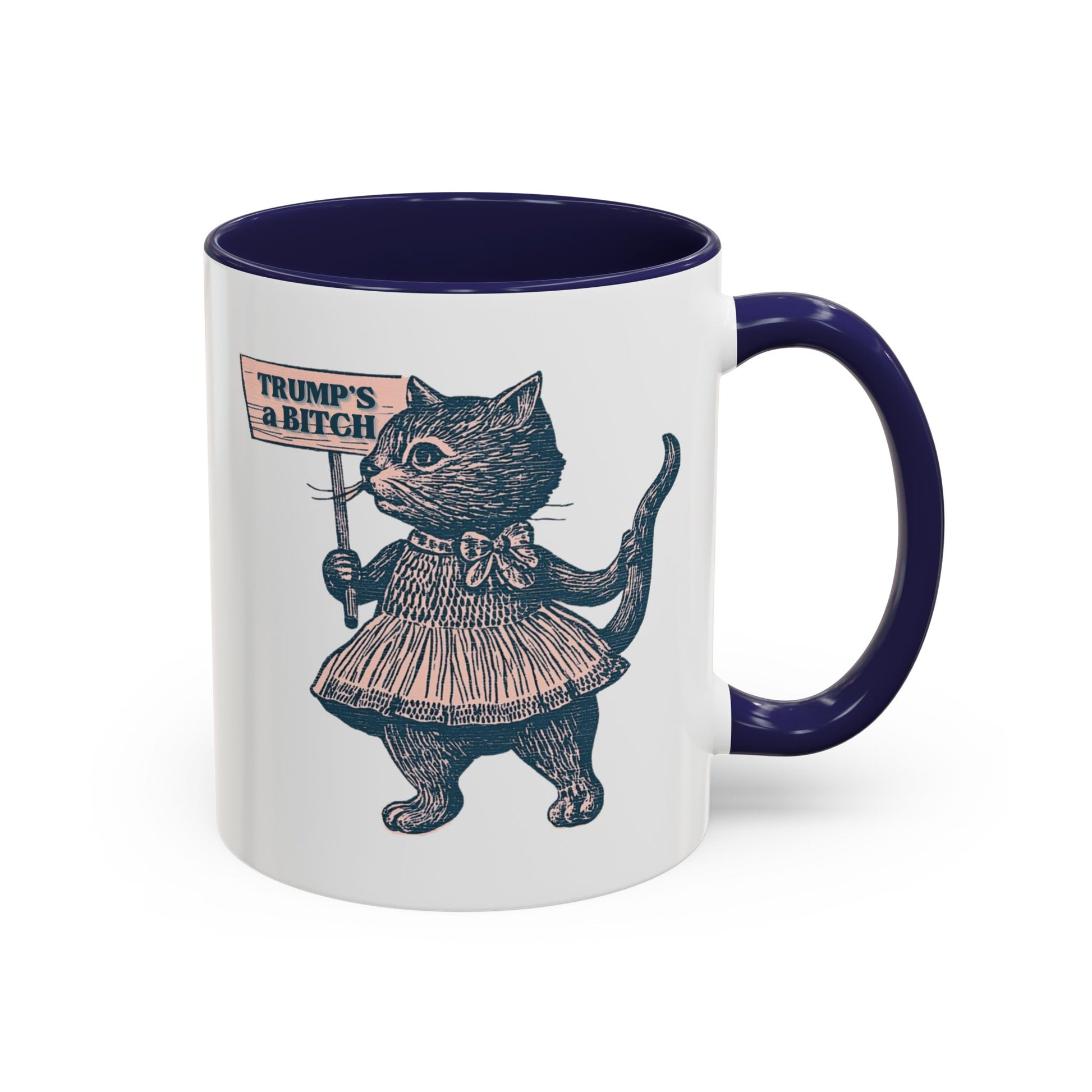 Vintage Protest Cat Accent Coffee Mug by Spinsterly Co, navy glossy ceramic with Victorian cat protest etching