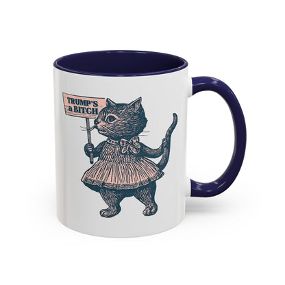 Vintage Protest Cat Accent Coffee Mug by Spinsterly Co, navy glossy ceramic with Victorian cat protest etching