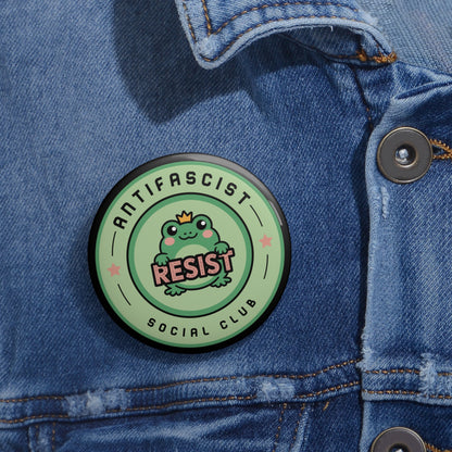 Antifascist Social Club Resist Pin Button Kawaii Frog Political Badge by Spinsterly Co, green mylar lapel pin
