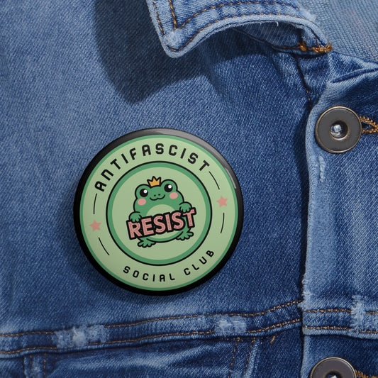 Antifascist Social Club Resist Pin Button Kawaii Frog Political Badge by Spinsterly Co, green mylar lapel pin