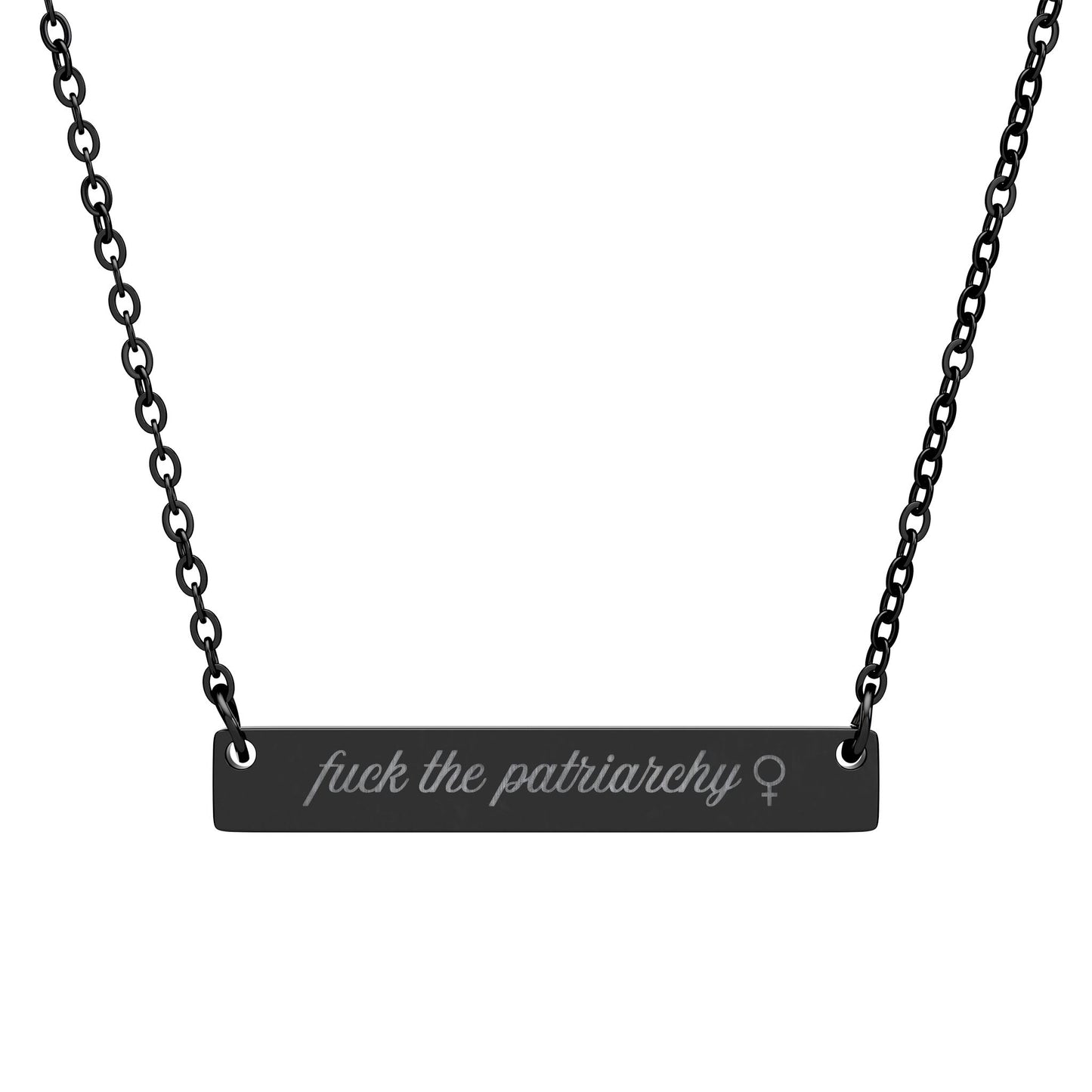 Fck the Patriarchy Engraved Bar Necklace Spinsterly Co feminist minimalist stainless steel necklace black PVD script
