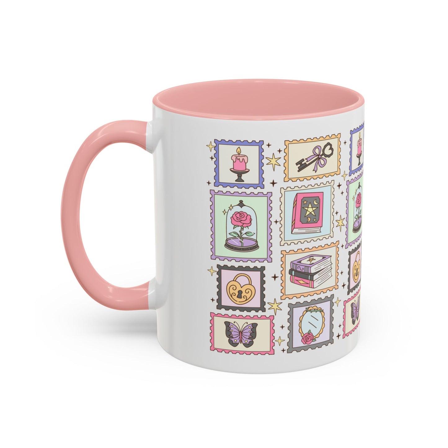 Whimsical Bookish Stamp Collection Coffee Mug by Spinsterly Co in Pink with full wrap stamp vignette grid