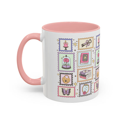 Whimsical Bookish Stamp Collection Coffee Mug by Spinsterly Co in Pink with full wrap stamp vignette grid