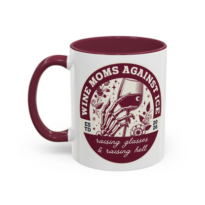 Wine Moms Against Ice Accent Coffee Mug by Spinsterly Co in maroon with vintage badge design and glossy coating