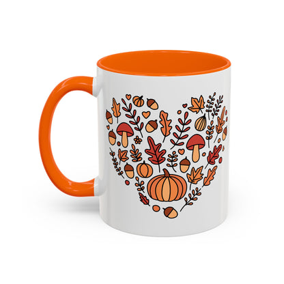 Fall Coffee Mug – Pumpkin & Mushroom Heart, Orange Accent