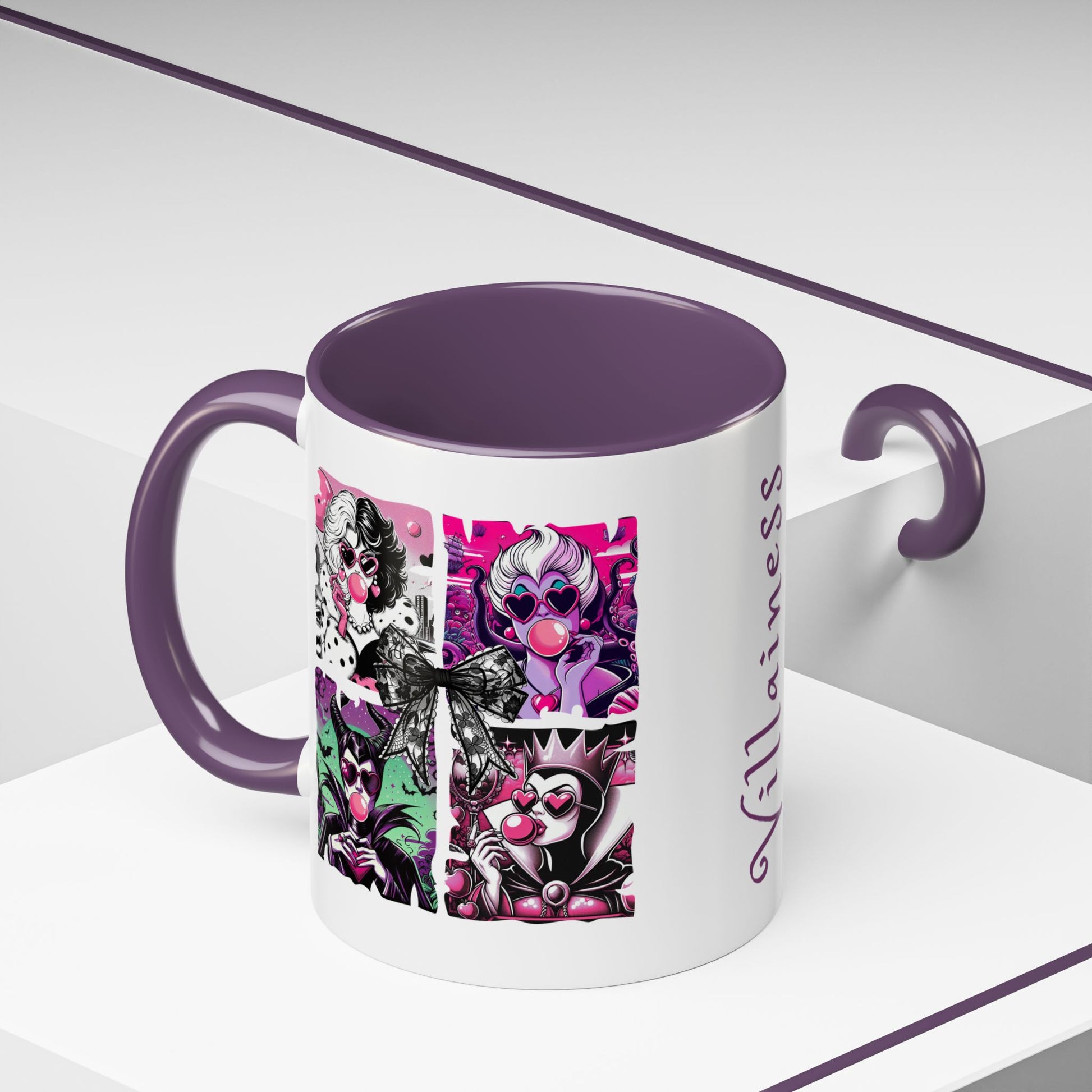 Villainess Comic Portrait Panel Accent Coffee Mug by Spinsterly Co in purple with full wrap comic panels