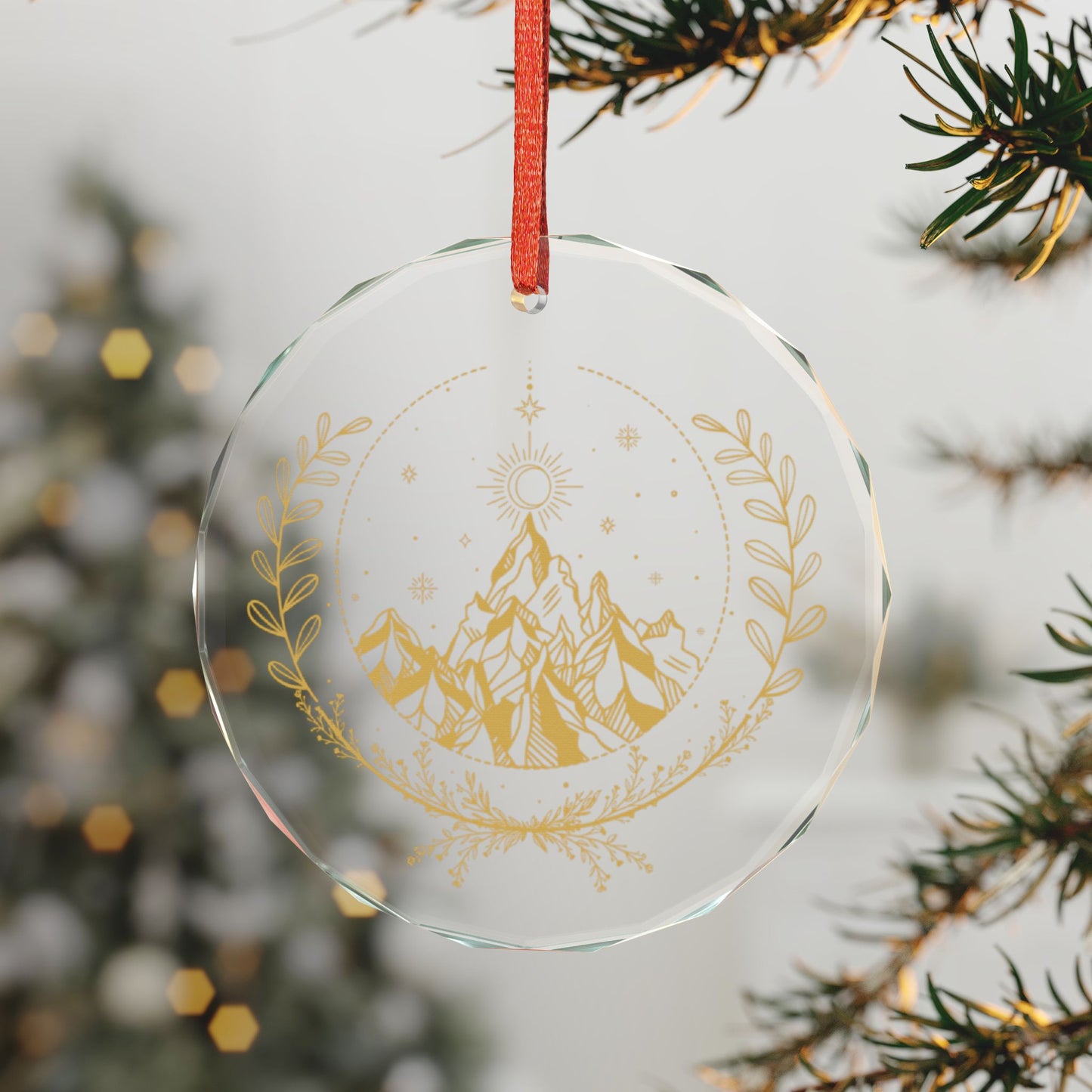 Fae Mountain Crystal Glass Ornament Spinsterly Co round gold celestial nature ornament with faceted crystal surface