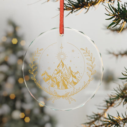Fae Mountain Crystal Glass Ornament Spinsterly Co round gold celestial nature ornament with faceted crystal surface