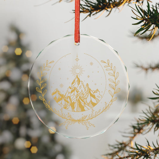 Fae Mountain Crystal Glass Ornament Spinsterly Co round gold celestial nature ornament with faceted crystal surface