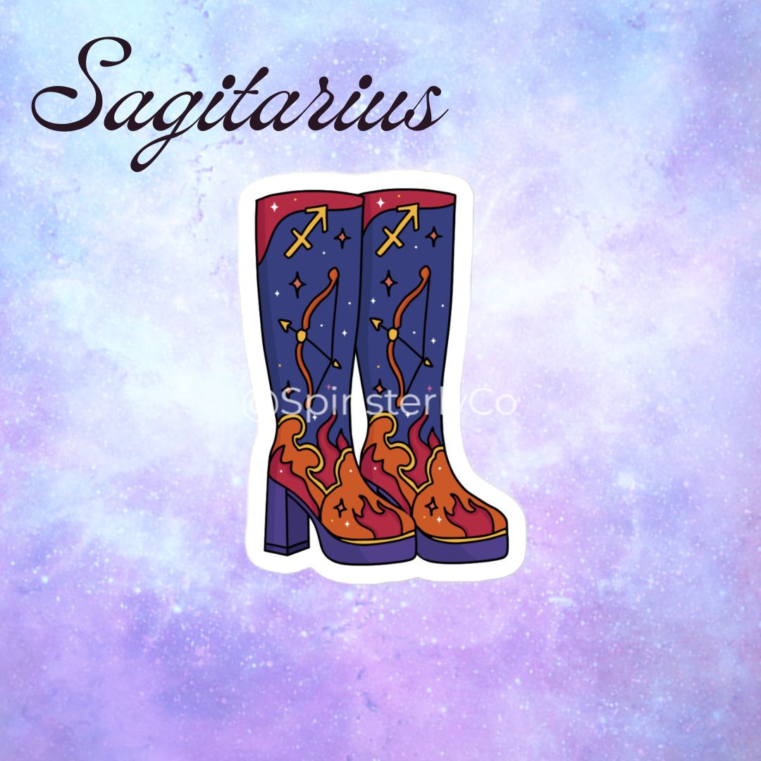 A die-cut sticker of a pair of cowboy boots with a Sagittarius theme, displayed on a purple and blue galaxy background with the word 'Sagittarius' written in script at the top.