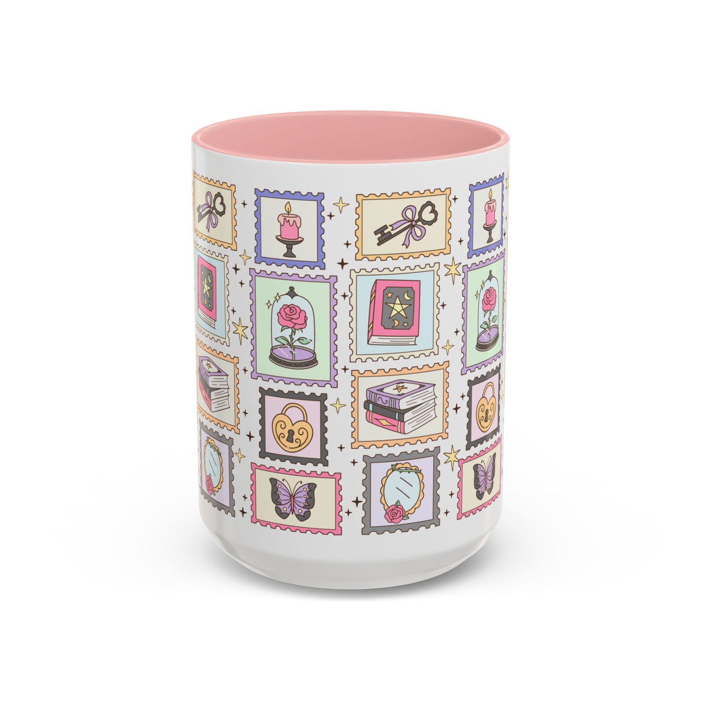 Whimsical Bookish Stamp Collection Coffee Mug Spinsterly Co pink ceramic with glossy full wrap stamp vignette grid