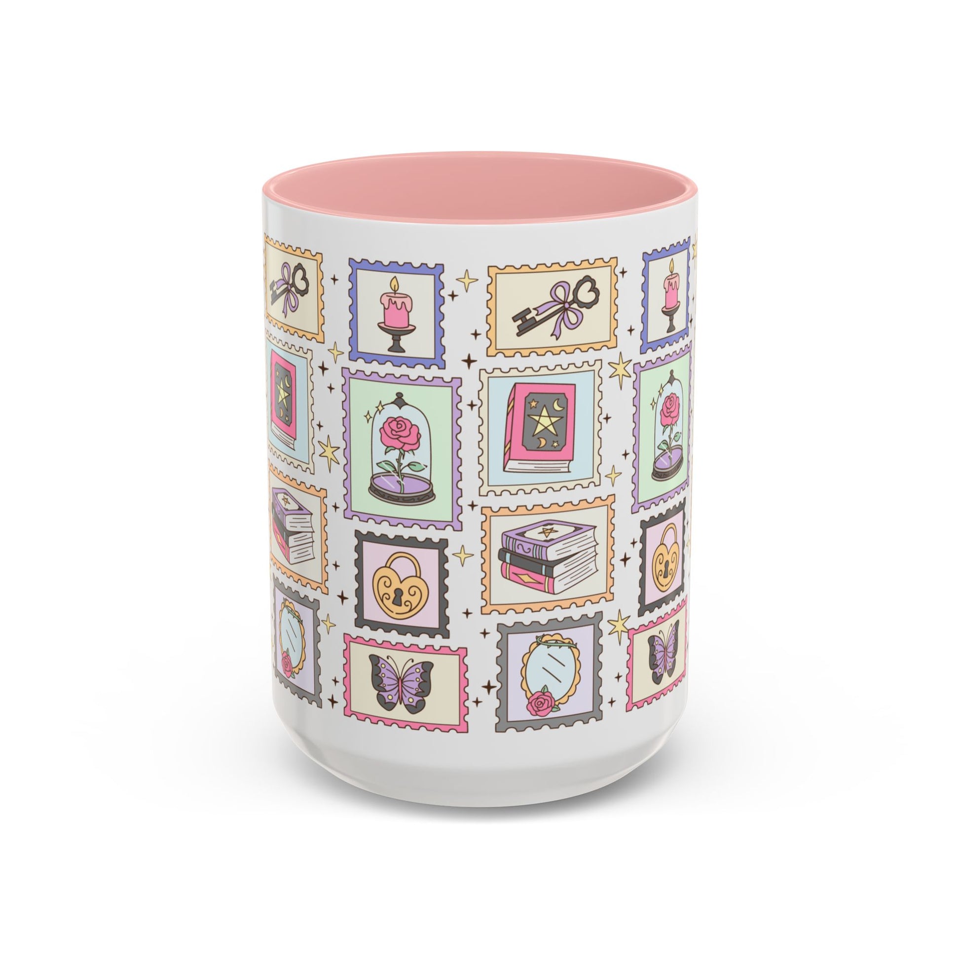 Whimsical Bookish Stamp Collection Coffee Mug Spinsterly Co pink ceramic with glossy full wrap stamp vignette grid