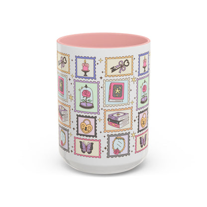 Whimsical Bookish Stamp Collection Coffee Mug Spinsterly Co pink ceramic with glossy full wrap stamp vignette grid