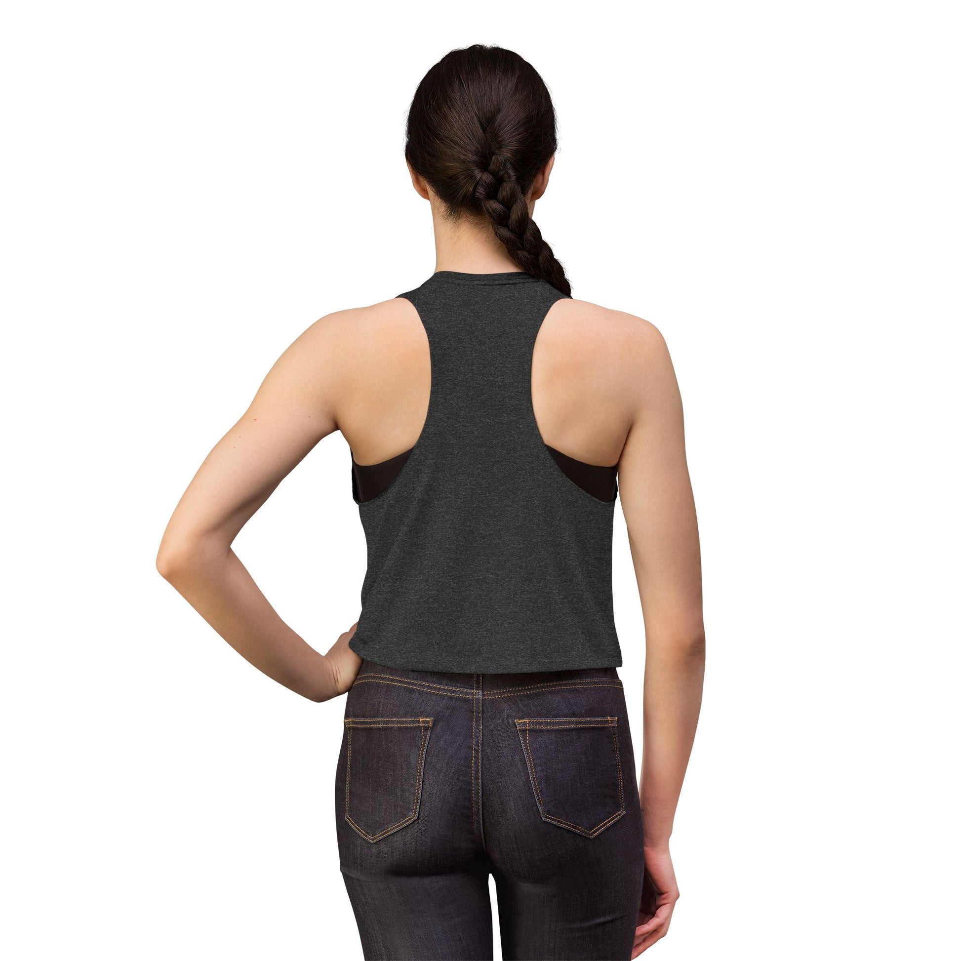 And for the Lady, Revolution Crop Top by Spinsterly Co in Dark Grey Heather with relaxed-fit back view
