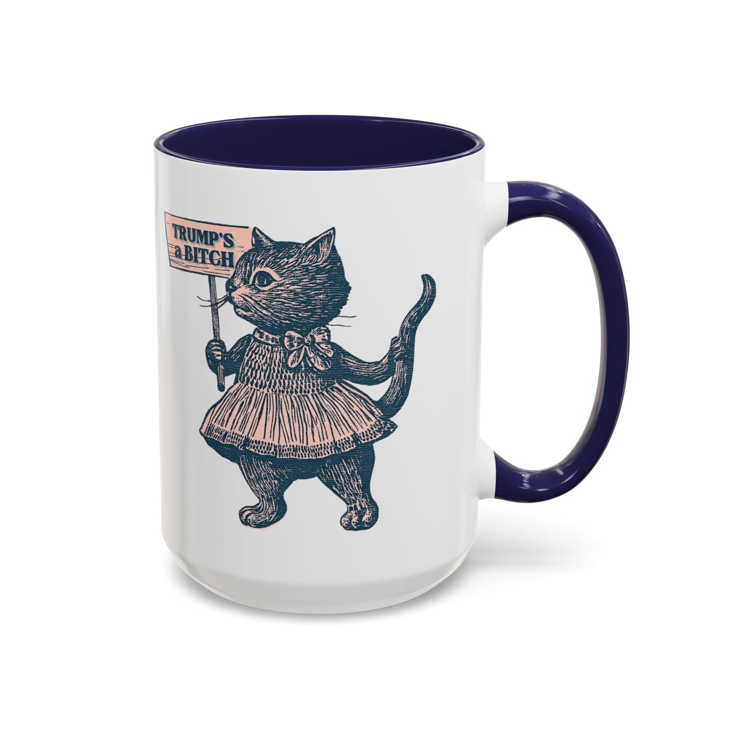 Vintage Protest Cat Accent Coffee Mug Spinsterly Co navy glossy ceramic with Victorian cat protest illustration