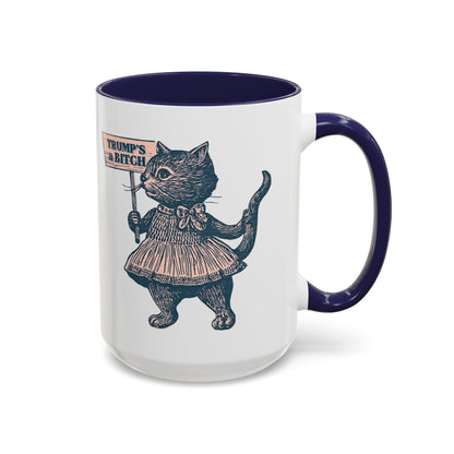 Vintage Protest Cat Accent Coffee Mug Spinsterly Co navy glossy ceramic with Victorian cat protest illustration