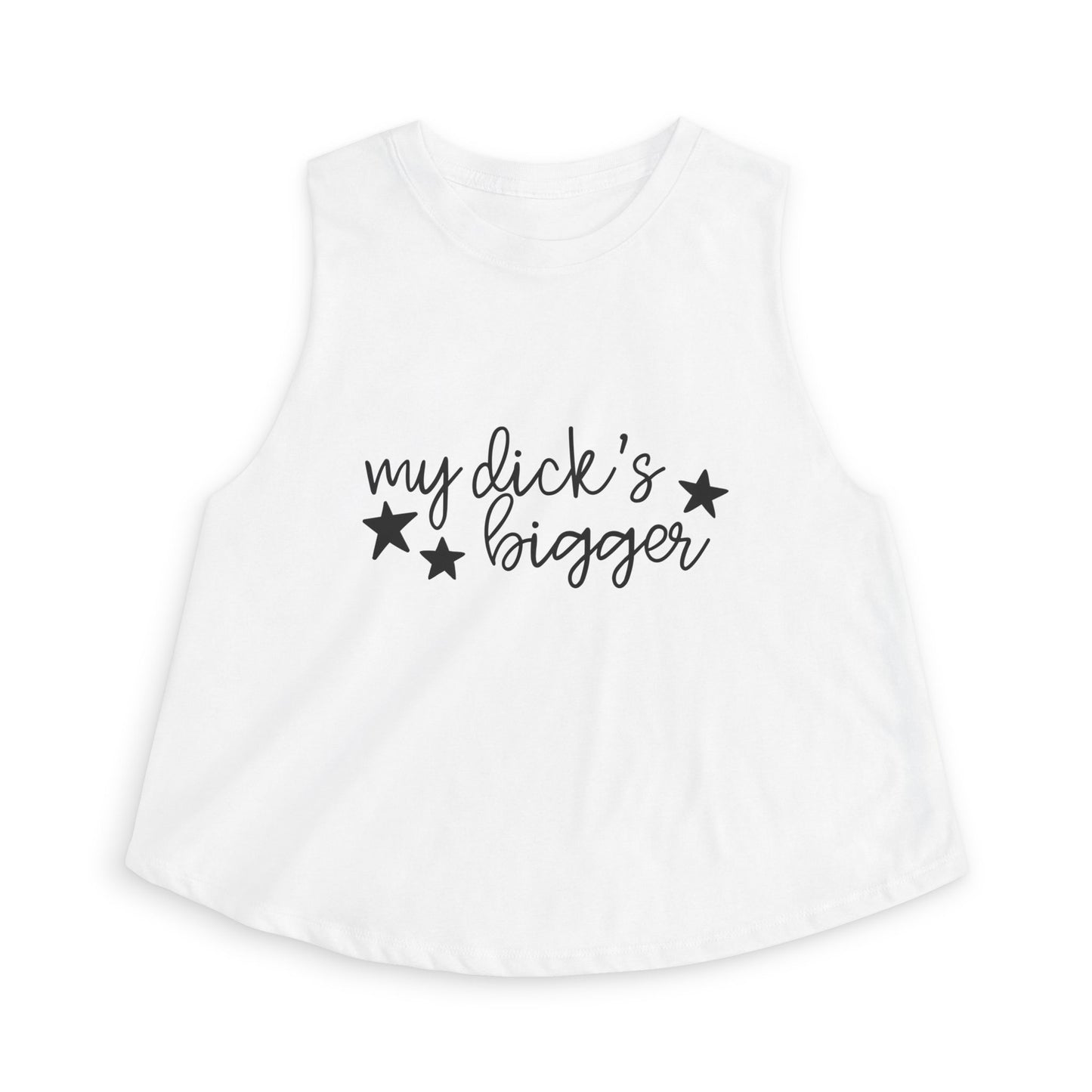 My Dck's Bigger Crop Top Spinsterly Co funny feminist women's cropped tank in Solid White Blend with star script