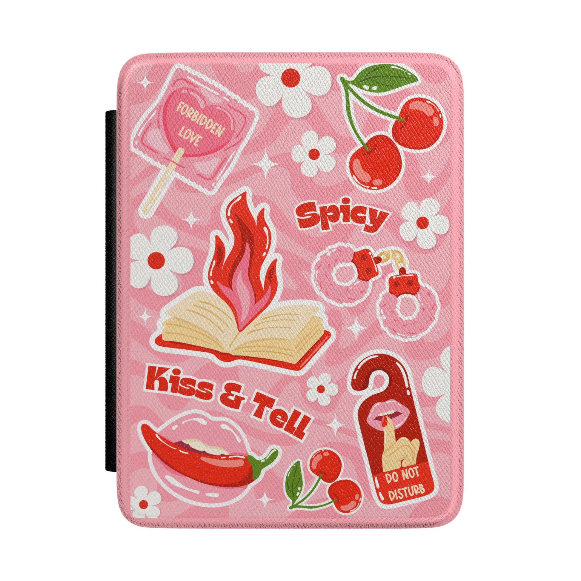 Kiss Tell Spicy Reader Kindle Case by Spinsterly Co, pink cherry flame design with full-coverage art print