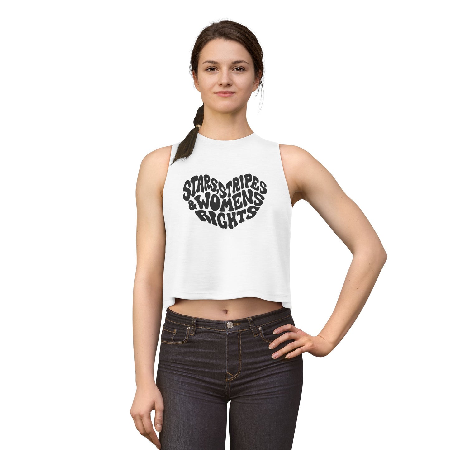 Stars, Stripes Women's Rights Crop Top by Spinsterly Co in solid white with activist graphic print