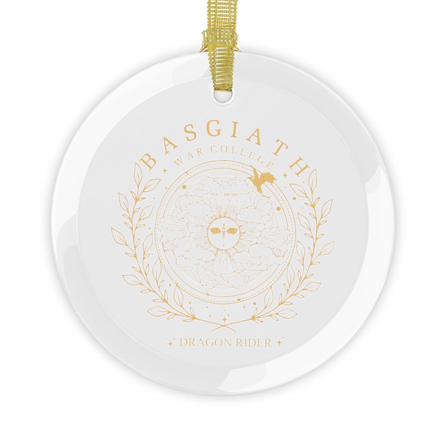 Dragon Rider Crest Glass Ornament by Spinsterly Co, white round glass with gold one sided printed crest