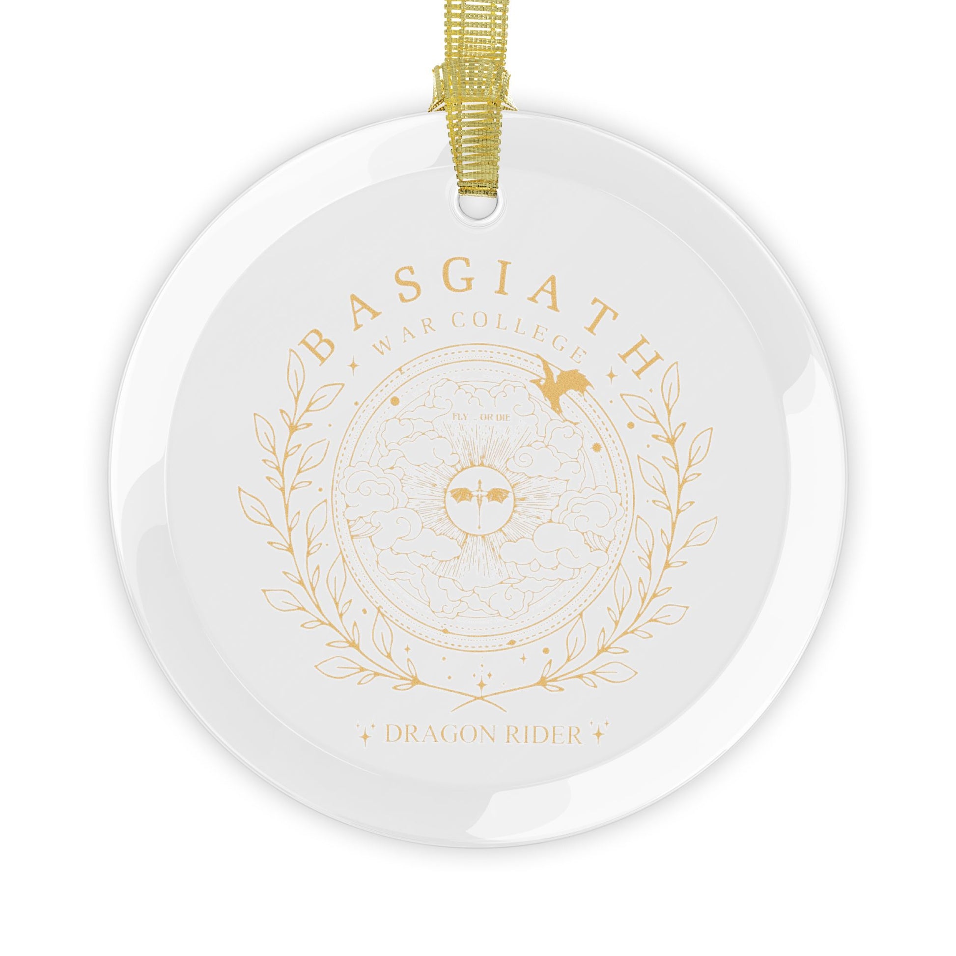 Dragon Rider Crest Glass Ornament by Spinsterly Co, white round glass with gold one sided printed crest