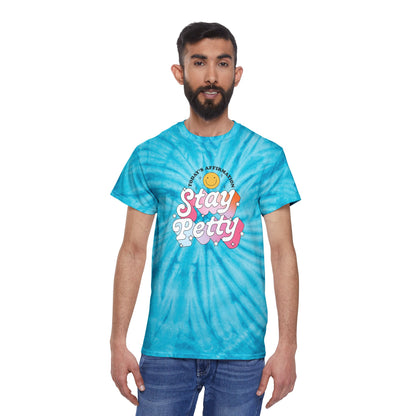 Stay Petty Tie-Dye Graphic Tee Today's Affirmation Smiley Shirt by Spinsterly Co in Turquoise with arched Stay Petty graphic