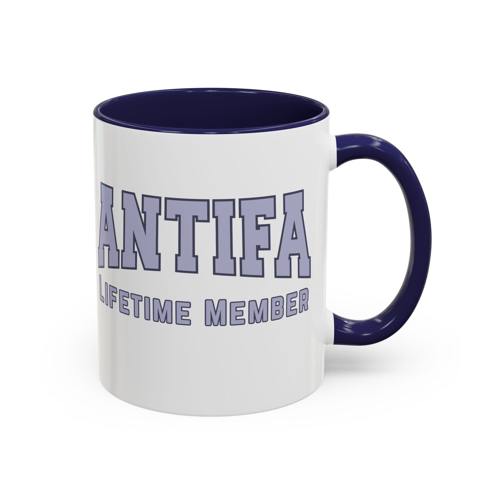 Antifa Lifetime Member Accent Coffee Mug Spinsterly Co navy ceramic mug with glossy block print