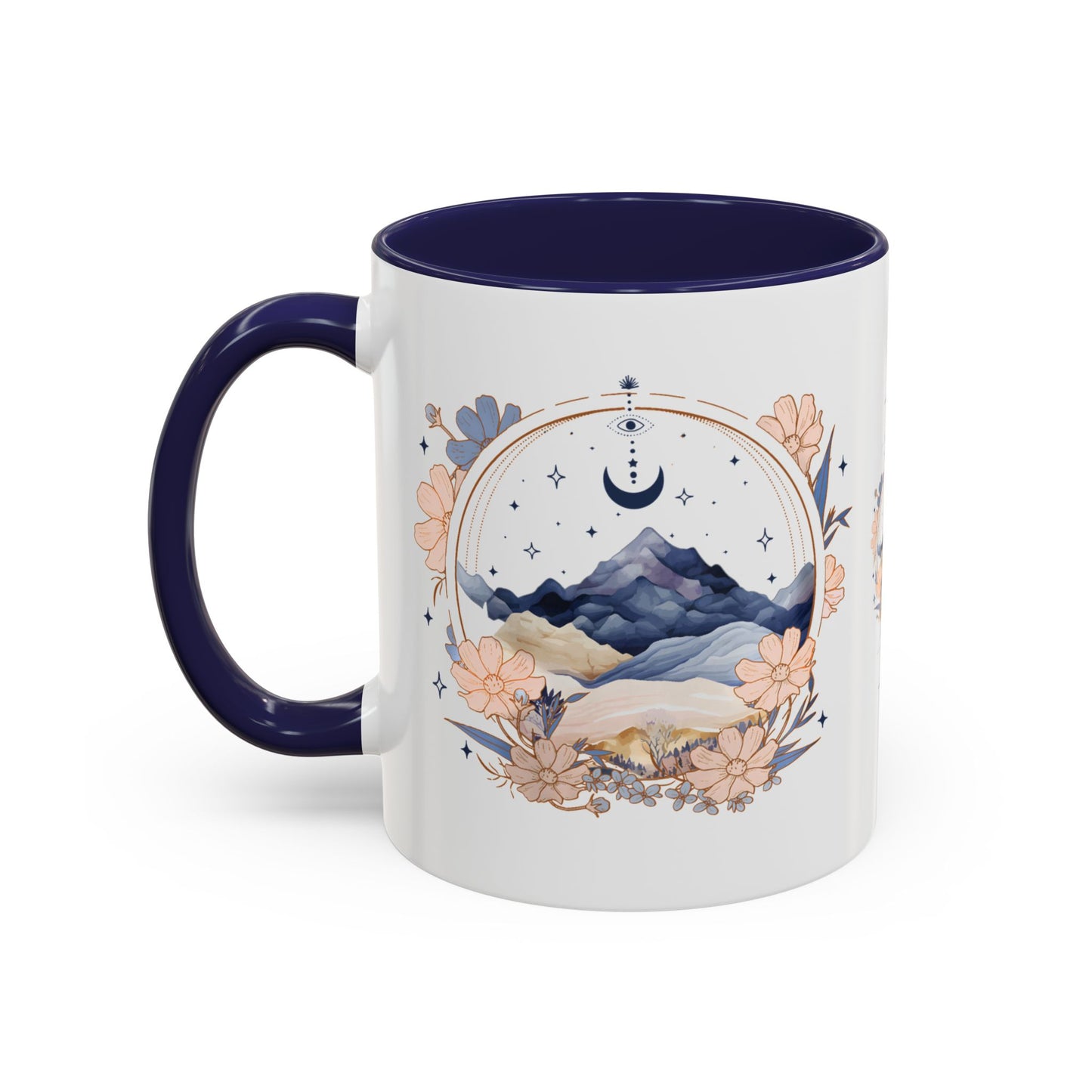 Moon Phase Celestial Accent Coffee Mug by Spinsterly Co in Navy glossy ceramic with full-wrap watercolor moon and flowers