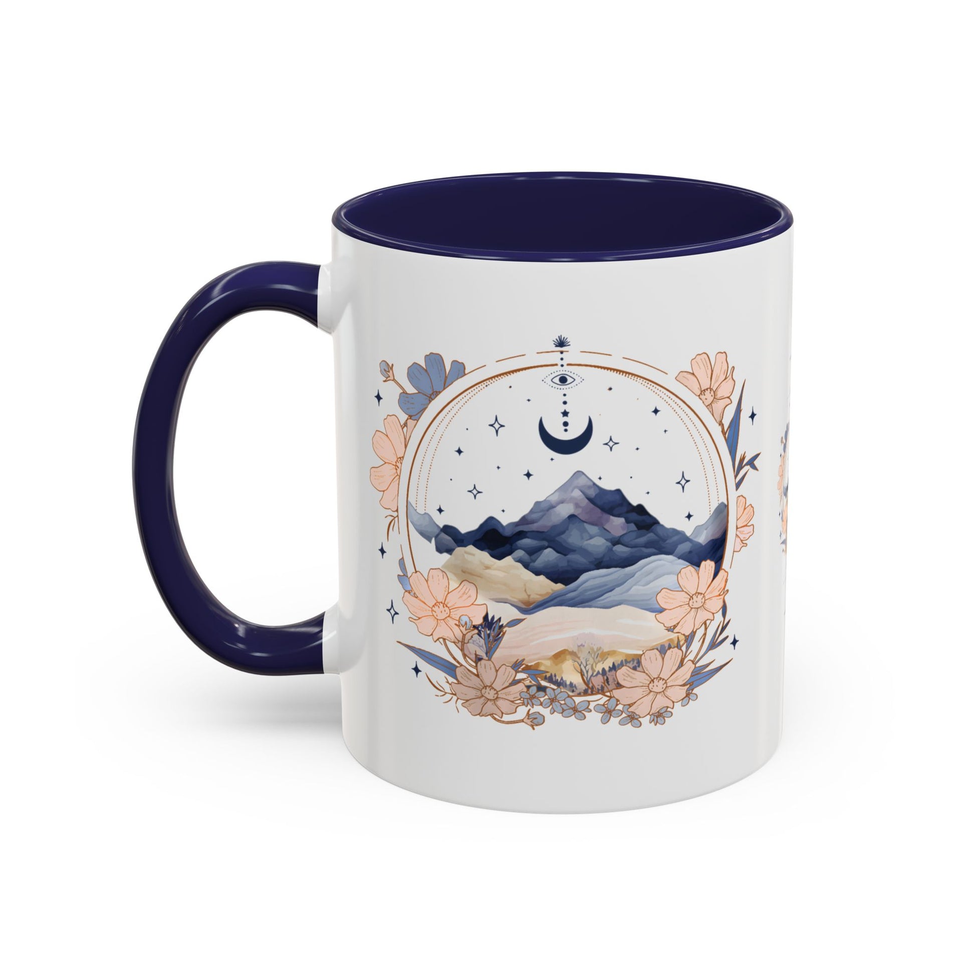 Moon Phase Celestial Accent Coffee Mug by Spinsterly Co in Navy glossy ceramic with full-wrap watercolor moon and flowers