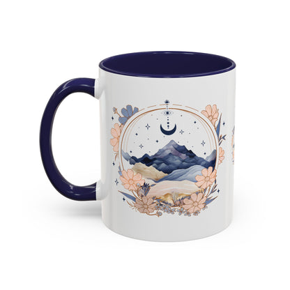 Moon Phase Celestial Accent Coffee Mug by Spinsterly Co in Navy glossy ceramic with full-wrap watercolor moon and flowers