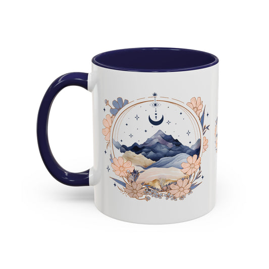 Moon Phase Celestial Accent Coffee Mug by Spinsterly Co in Navy glossy ceramic with full-wrap watercolor moon and flowers