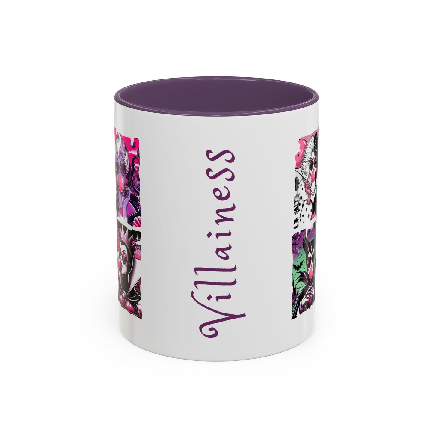 Villainess Comic Portrait Panel Accent Coffee Mug by Spinsterly Co in purple with full wrap villainess panels