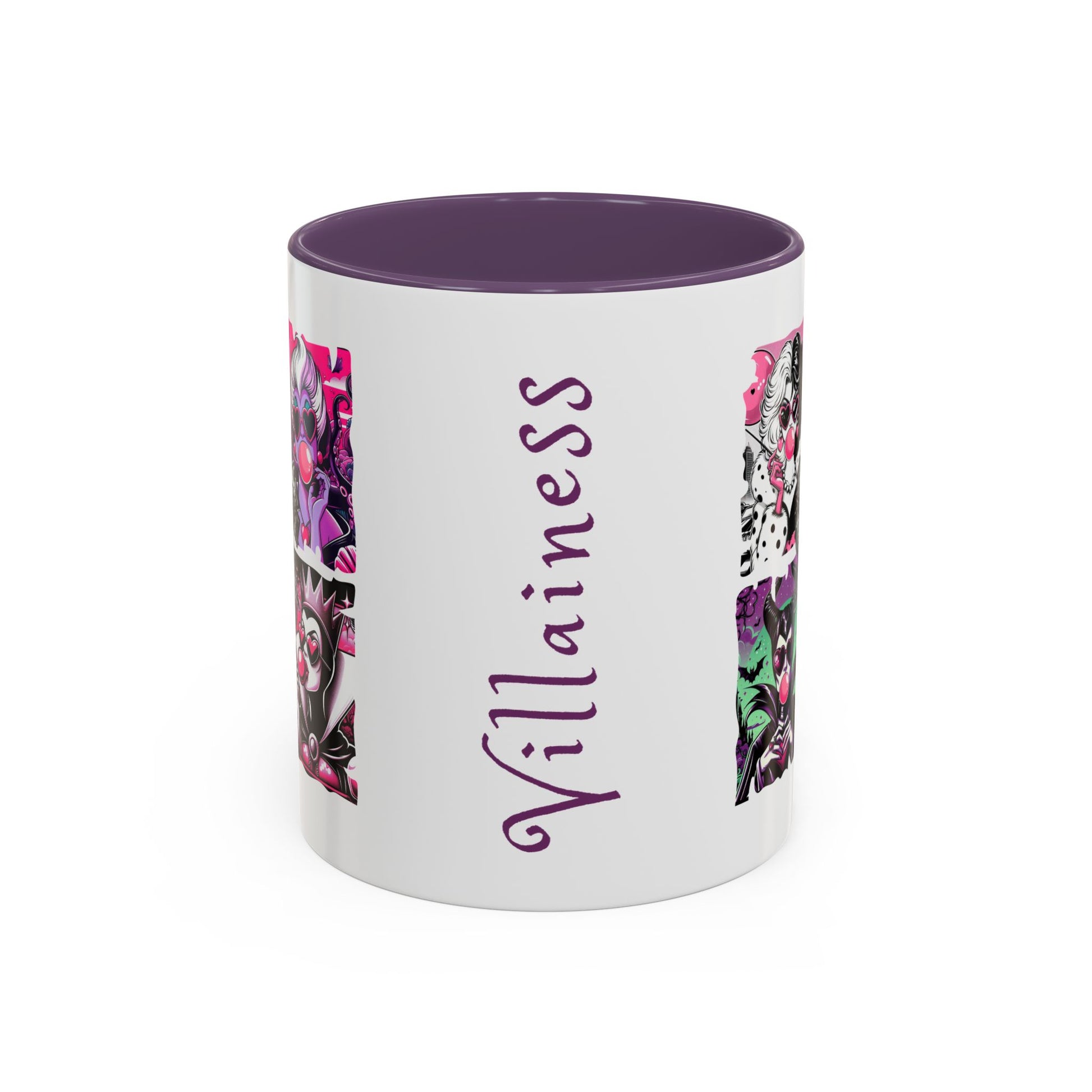 Villainess Comic Portrait Panel Accent Coffee Mug by Spinsterly Co in purple with full wrap villainess panels