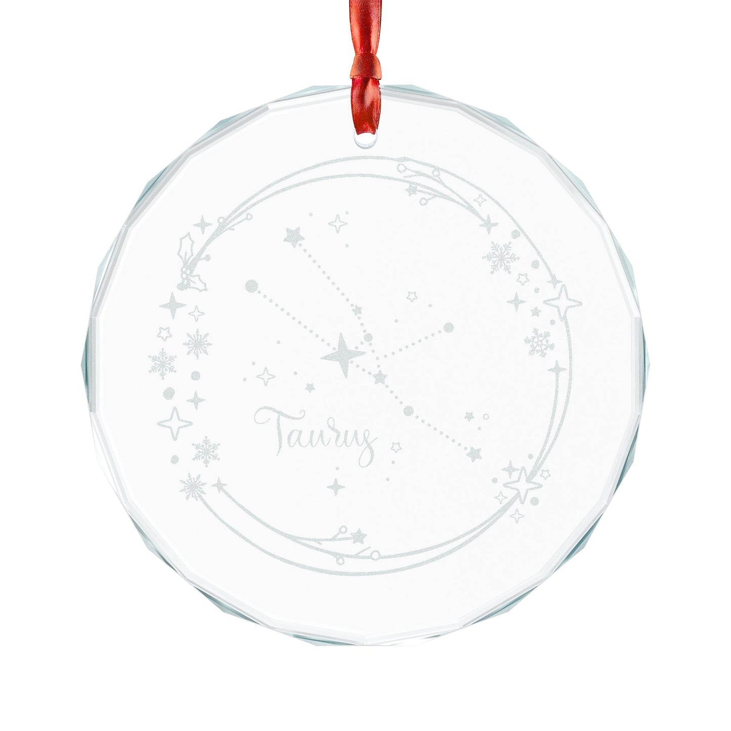 Taurus Constellation Crystal Glass Ornament by Spinsterly Co, faceted circle, engraved zodiac star map, clear glass