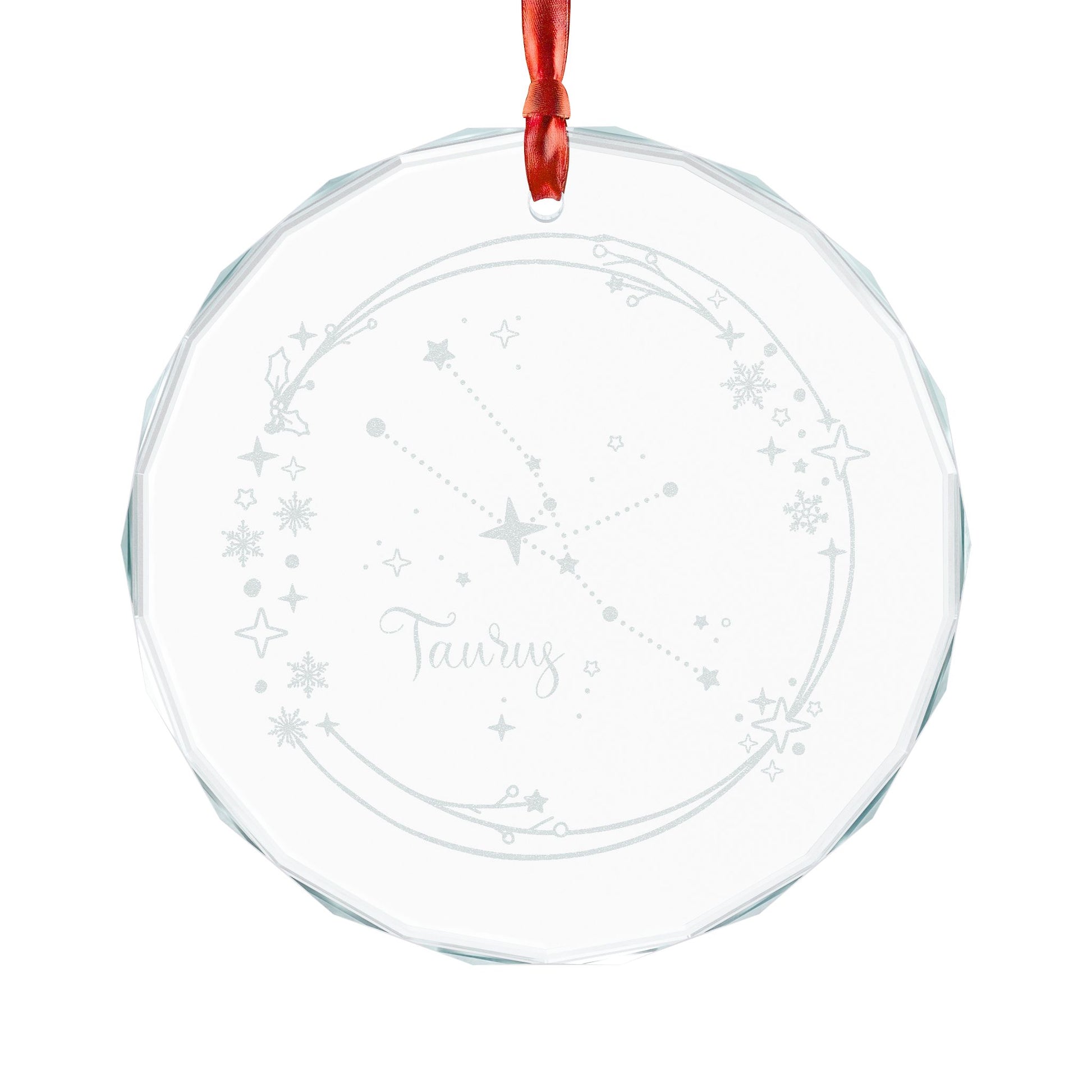 Taurus Constellation Crystal Glass Ornament by Spinsterly Co, faceted circle, engraved zodiac star map, clear glass