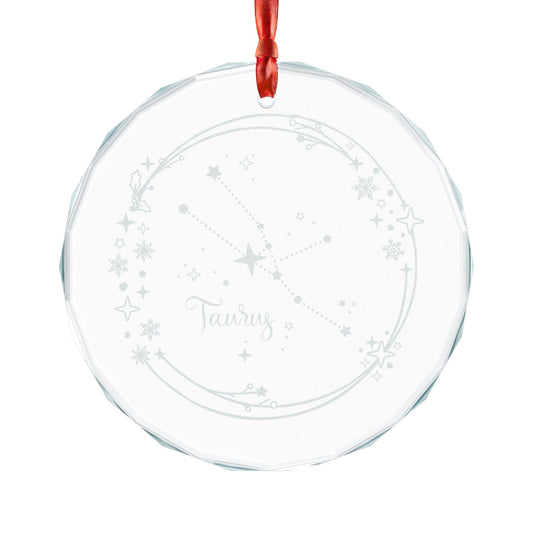 Taurus Constellation Crystal Glass Ornament by Spinsterly Co, faceted circle, engraved zodiac star map, clear glass