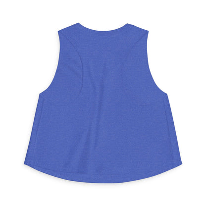 Ice, Ice, Go Away Crop Top by Spinsterly Co women's graphic crop top in Heather True Royal with cold-shoulder style