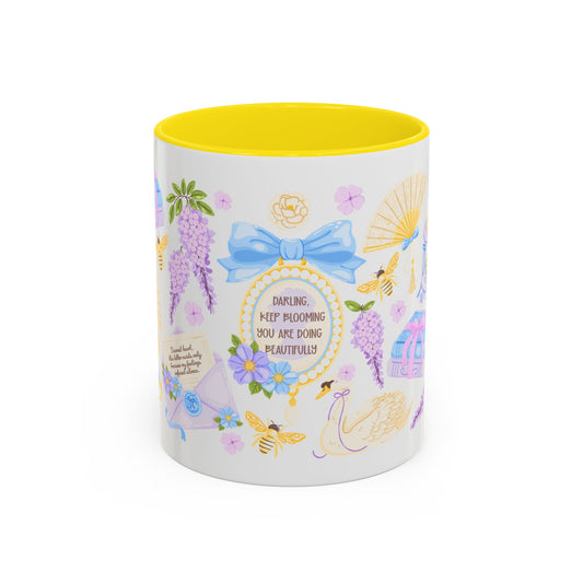Darling Keep Blooming Regency Tea Party Accent Coffee Mug by Spinsterly Co in yellow with glossy floral illustration