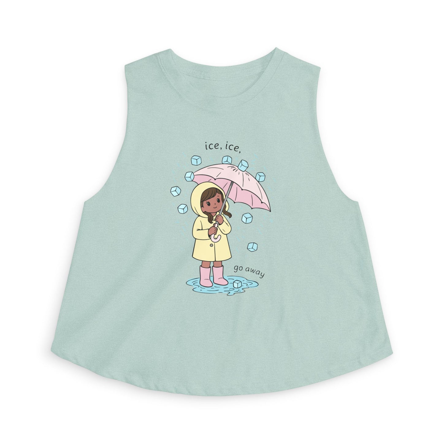 Ice, Ice, Go Away Crop Top by Spinsterly Co women's graphic crop top in Heather Dusty Blue with illustrated girl